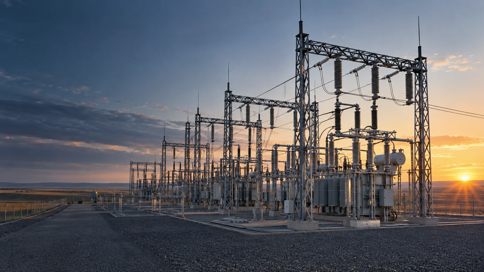 High-voltage substation and transmission infrastructure at sunrise